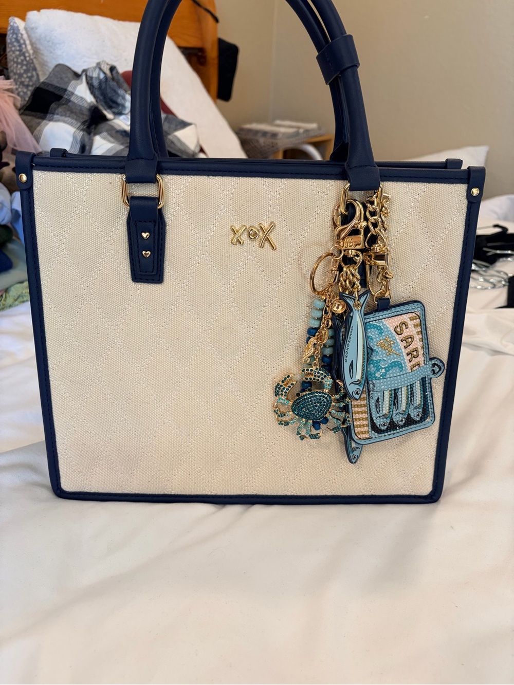 Betsey Johnson Quilted canvas Tote Bag in Cream and Navy with Decorative Charms